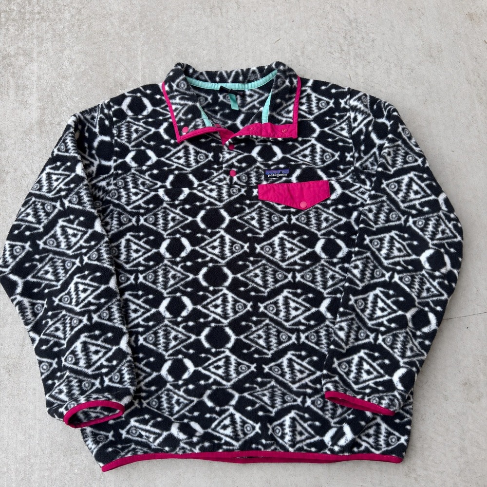 Patagonia Synchilla Snap T Fleece Pullover XL Black White Pink BiG Fish Ikat